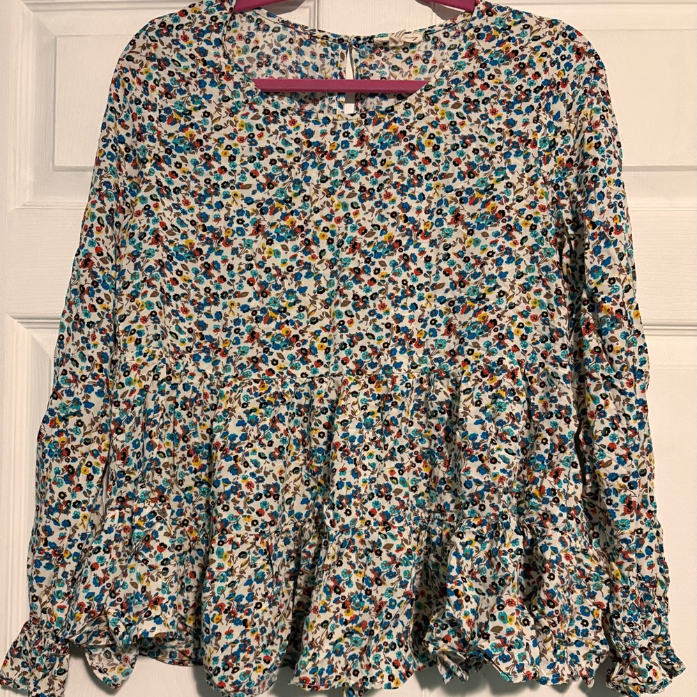 Jane and Delancey White Floral Blouse with Blue, Yellow & Brown Accents